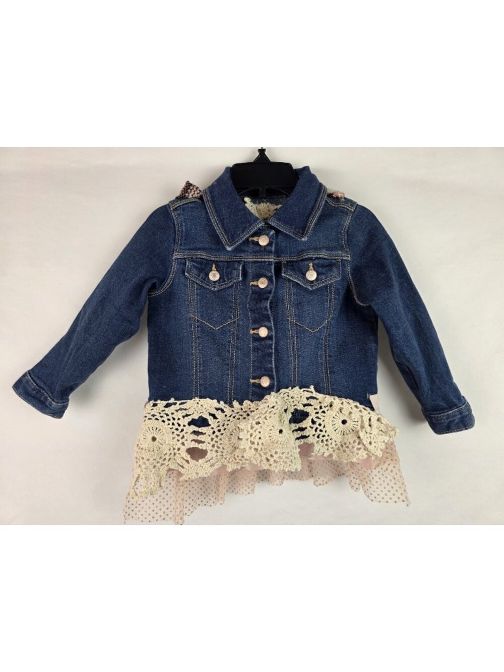 Old Navy Jean Jacket Toddler Girls Size 2T Embellished Denim Lace Pink Tule